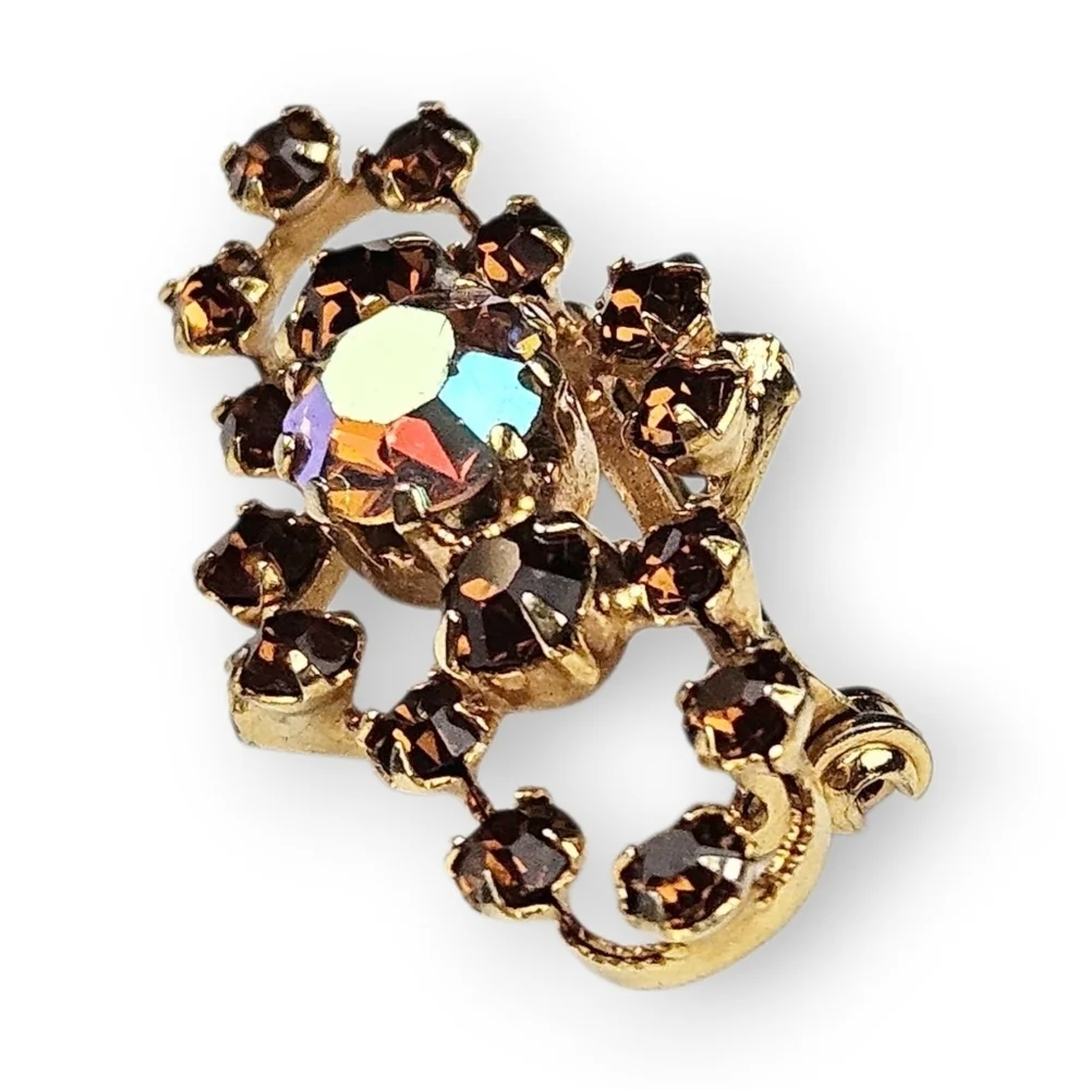 Vintage Austria Rhinestone Bar Brooch Aurora Borealis AB Brown Glass Gold Plated